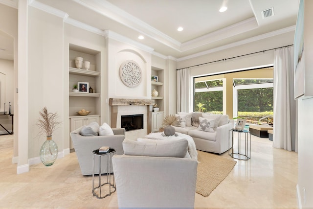 416 Admiral Ct, Destin, FL 32541 - living area featuring built in features, crown molding, a high end fireplace, recessed lighting, and baseboards