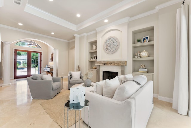 416 Admiral Ct, Destin, FL 32541 - living area featuring crown molding, built in features, a fireplace, recessed lighting, and baseboards