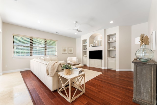 416 Admiral Ct, Destin, FL 32541 - living room featuring a ceiling fan, wood finished floors, baseboards, built in shelves, and recessed lighting