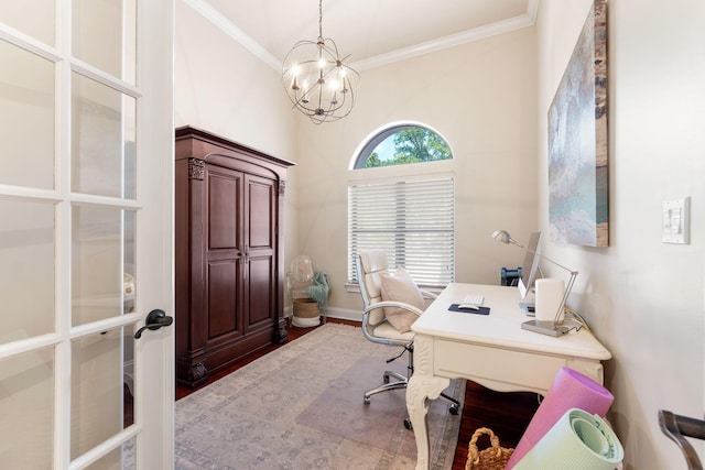 416 Admiral Ct, Destin, FL 32541 - office area with a chandelier, crown molding, and wood finished floors