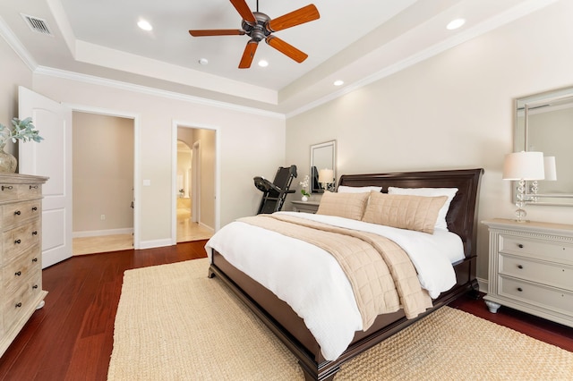 416 Admiral Ct, Destin, FL 32541 - bedroom featuring a tray ceiling, dark wood-style floors, recessed lighting, a ceiling fan, and crown molding