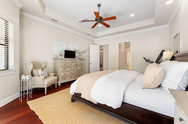 416 Admiral Ct, Destin, FL 32541 - bedroom with a raised ceiling, dark wood-style flooring, recessed lighting, crown molding, and baseboards