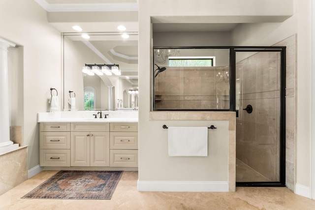 416 Admiral Ct, Destin, FL 32541 - full bathroom with ornamental molding, a stall shower, vanity, ornate columns, and tile patterned flooring