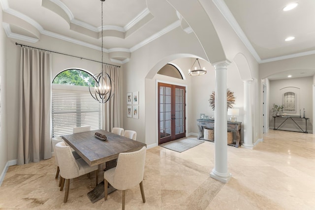416 Admiral Ct, Destin, FL 32541 - dining room featuring a chandelier, french doors, crown molding, baseboards, and arched walkways