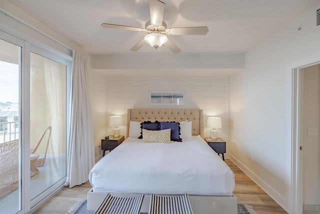 bedroom with ceiling fan and light wood-type flooring