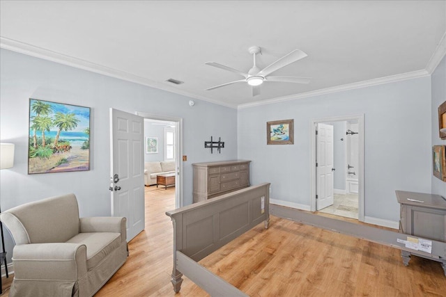 bedroom with connected bathroom, crown molding, ceiling fan, and light wood-type flooring