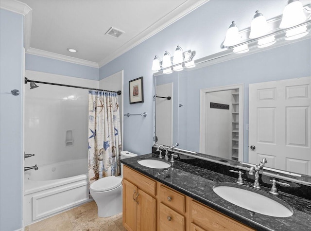 full bathroom featuring crown molding, vanity, toilet, and shower / bath combo