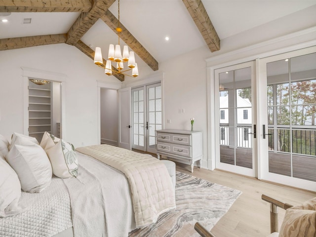 bedroom featuring access to exterior, light hardwood / wood-style flooring, lofted ceiling with beams, and french doors