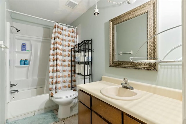 full bathroom with shower / bathtub combination with curtain, vanity, tile patterned floors, and toilet