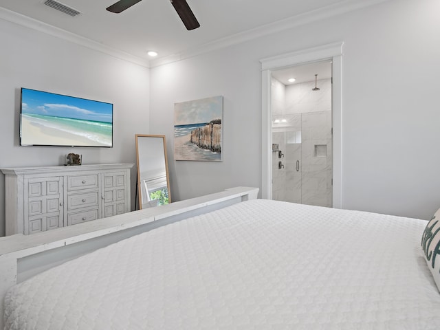 bedroom featuring ornamental molding, ensuite bathroom, and ceiling fan