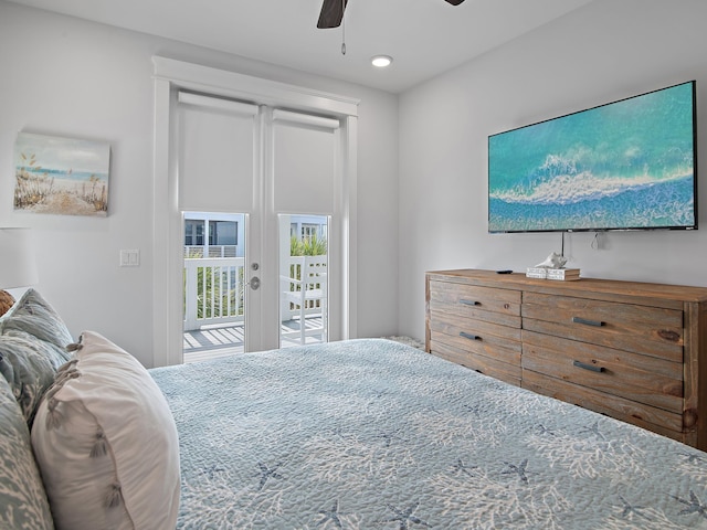 bedroom featuring access to outside, ceiling fan, and french doors