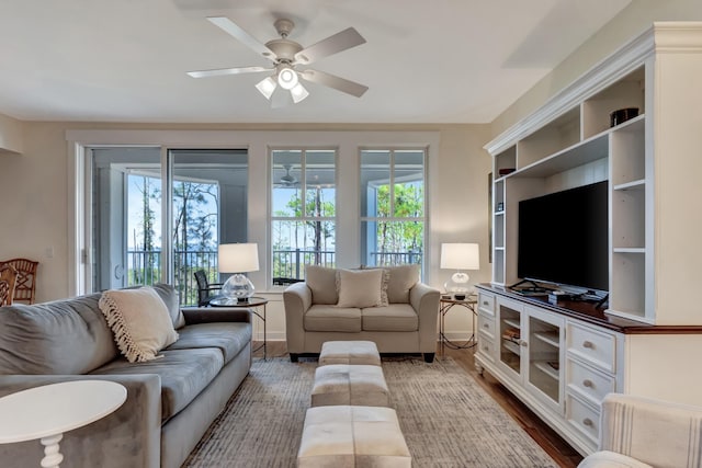 living room with hardwood / wood-style flooring and ceiling fan