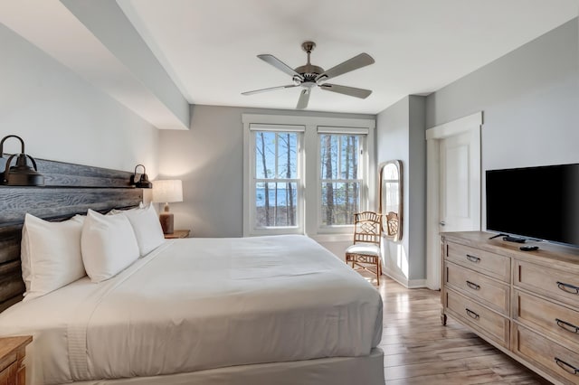 bedroom with ceiling fan and light wood-type flooring