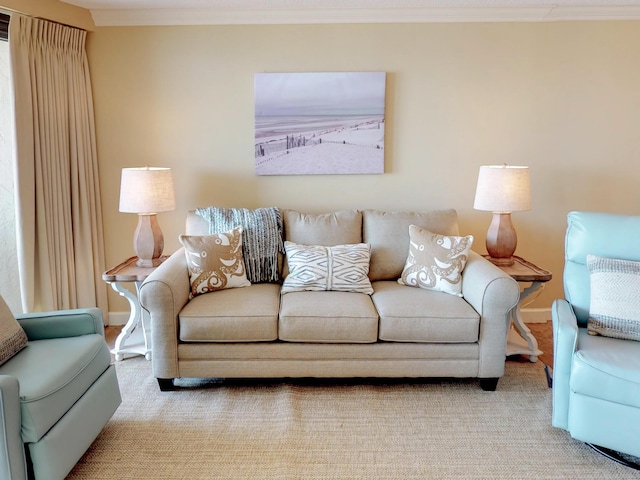 carpeted living room with ornamental molding