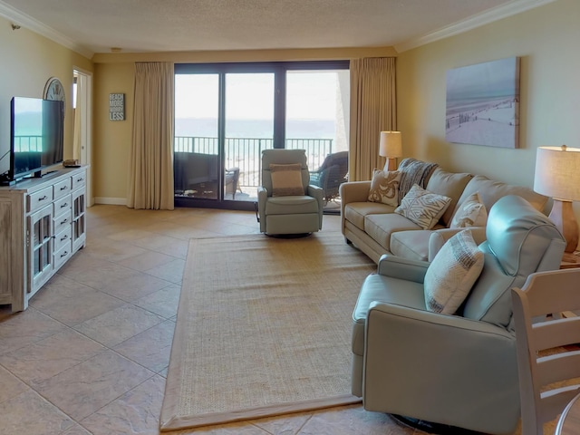 living room with crown molding, a water view, and light tile patterned floors