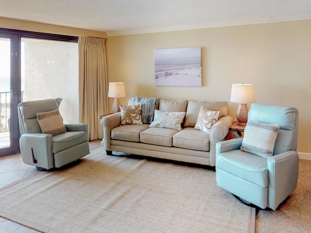 living room featuring crown molding, light carpet, and a textured ceiling