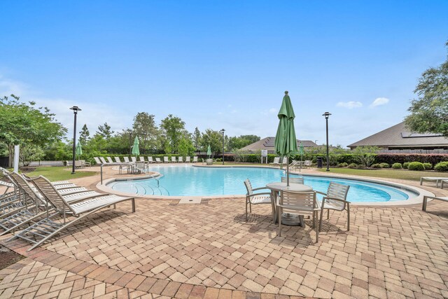 view of swimming pool featuring a patio area