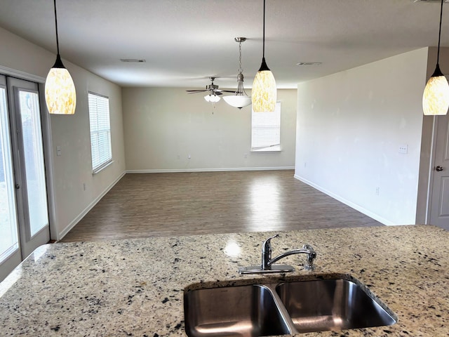 728 Widgeon Way, Crestview, FL 32539 - kitchen with a sink, wood finished floors, a ceiling fan, light stone countertops, and baseboards