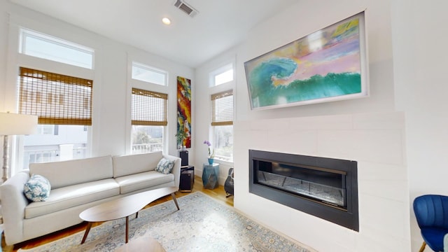 living room featuring a fireplace and light hardwood / wood-style floors