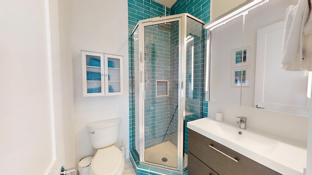 bathroom featuring vanity, toilet, and a shower with shower door