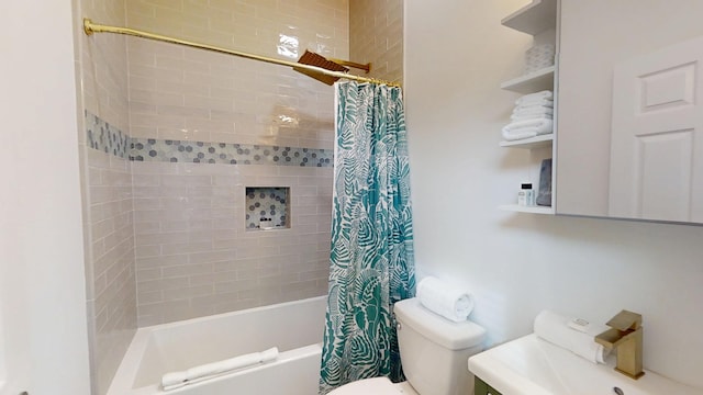 bathroom featuring shower / bathtub combination with curtain and toilet