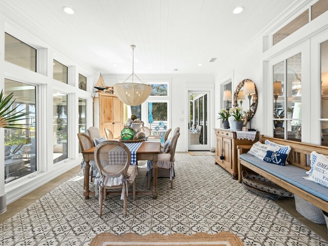 dining area with ornamental molding, recessed lighting, wooden ceiling, and visible vents