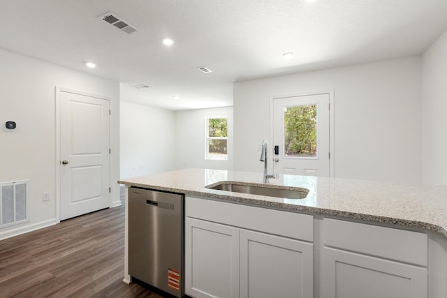 781 Girl Scout Rd, Defuniak Springs, FL 32433 - kitchen featuring dishwasher, a sink, dark wood-type flooring, light stone countertops, and recessed lighting