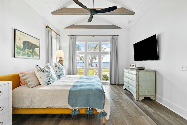 bedroom with wood-type flooring, vaulted ceiling with beams, wooden ceiling, and ceiling fan