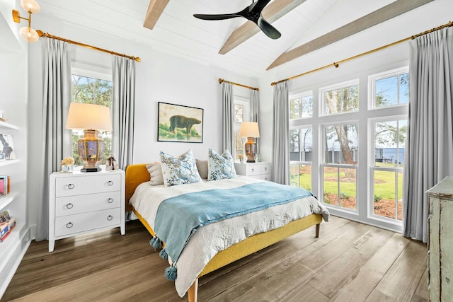 bedroom featuring hardwood / wood-style flooring, ceiling fan, wooden ceiling, and vaulted ceiling with beams