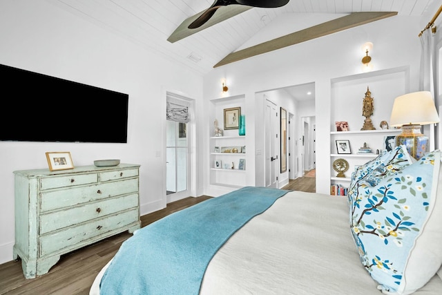 bedroom with vaulted ceiling, dark hardwood / wood-style floors, wooden ceiling, and ceiling fan