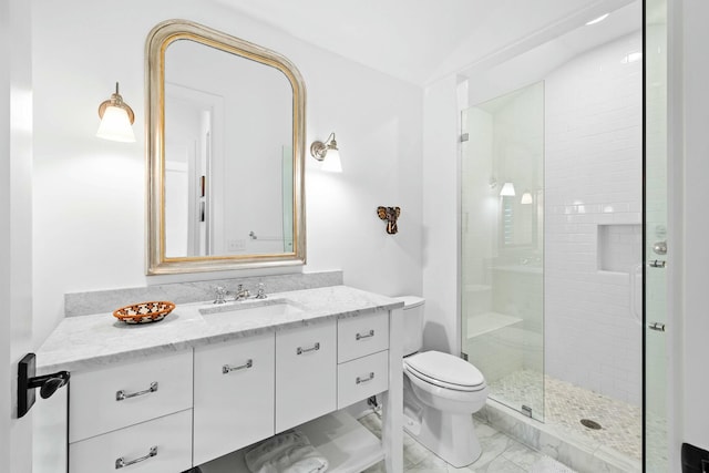 bathroom featuring vanity, toilet, and a shower with shower door