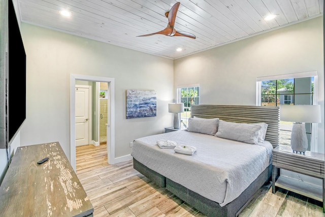 bedroom featuring baseboards, a ceiling fan, wood ceiling, light wood-type flooring, and recessed lighting