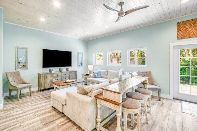 living area featuring recessed lighting, a ceiling fan, wood ceiling, baseboards, and light wood-type flooring