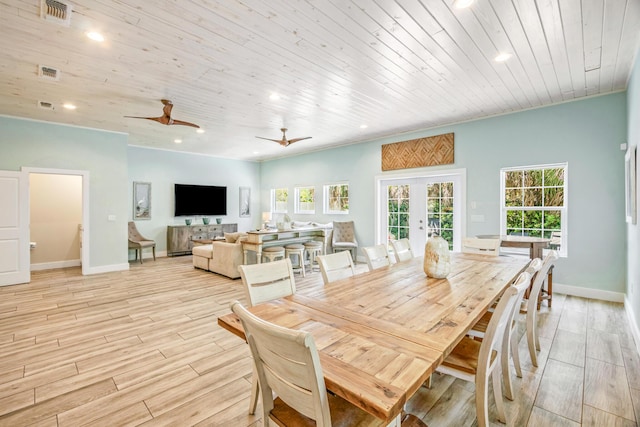 dining area with wooden ceiling, light wood-style flooring, recessed lighting, visible vents, and french doors