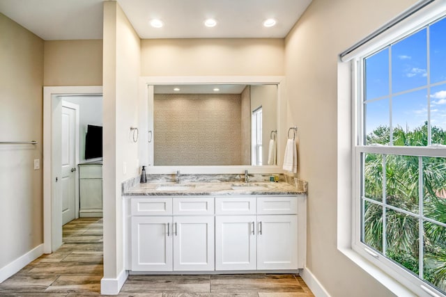 bathroom featuring double vanity, plenty of natural light, wood tiled floor, and a sink