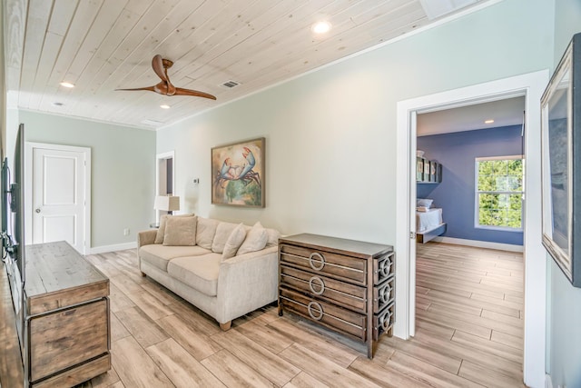 living area with baseboards, a ceiling fan, wooden ceiling, wood finish floors, and recessed lighting