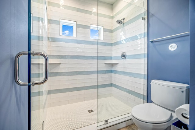 bathroom featuring a stall shower and toilet