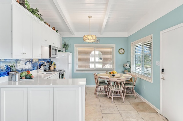 kitchen with beam ceiling, stainless steel appliances, white cabinets, decorative light fixtures, and kitchen peninsula