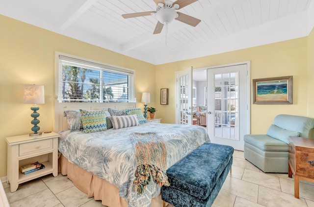 bedroom featuring ceiling fan, beam ceiling, light tile patterned flooring, access to outside, and wooden ceiling