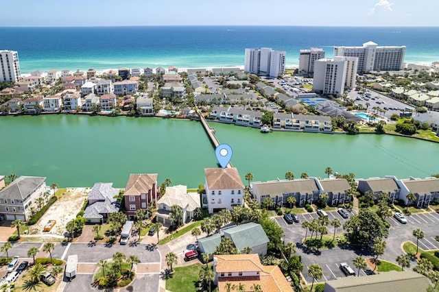 drone / aerial view featuring a water view