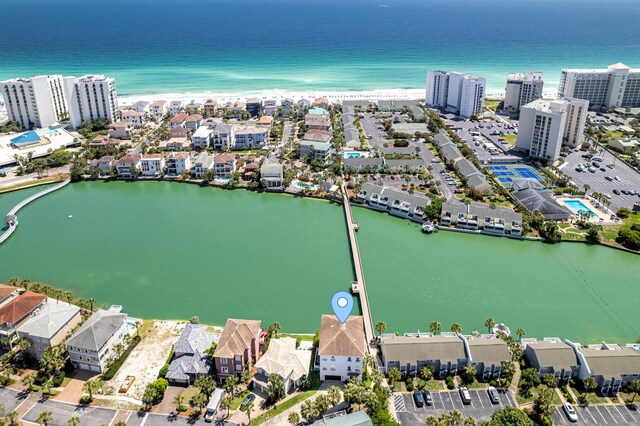 bird's eye view with a water view