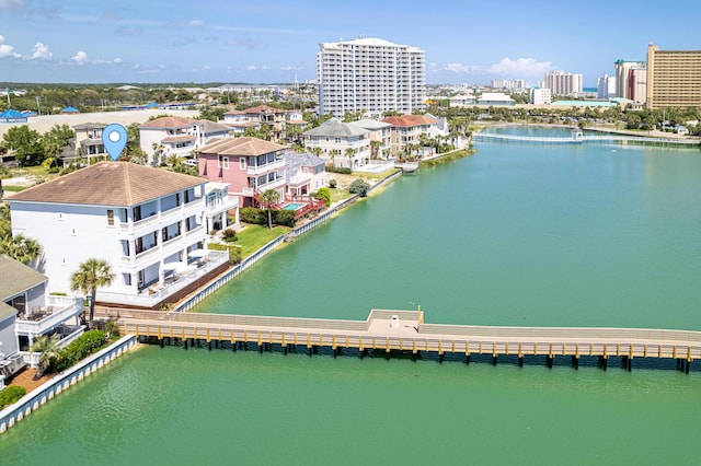 bird's eye view with a water view