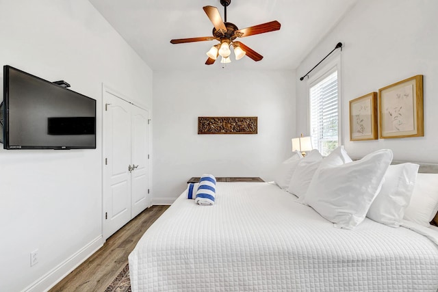 bedroom with ceiling fan, dark hardwood / wood-style floors, and a closet