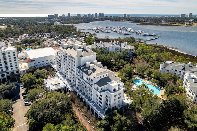 drone / aerial view featuring a water view