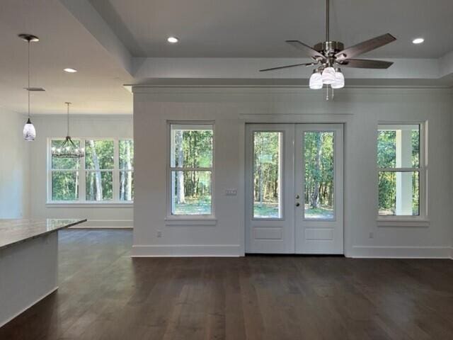 entryway featuring dark hardwood / wood-style floors and ceiling fan with notable chandelier