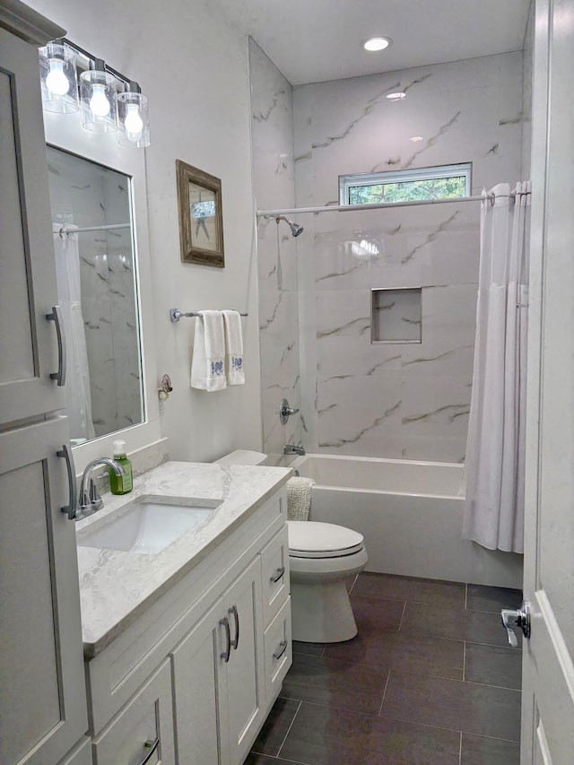 full bathroom featuring vanity, toilet, and shower / bathtub combination with curtain