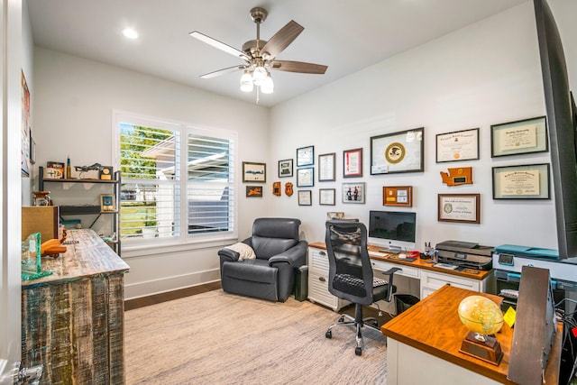 office area featuring ceiling fan and light hardwood / wood-style flooring