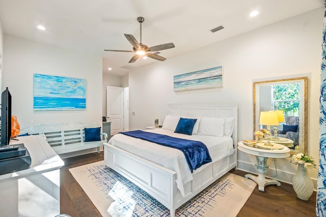 bedroom featuring dark wood-type flooring and ceiling fan