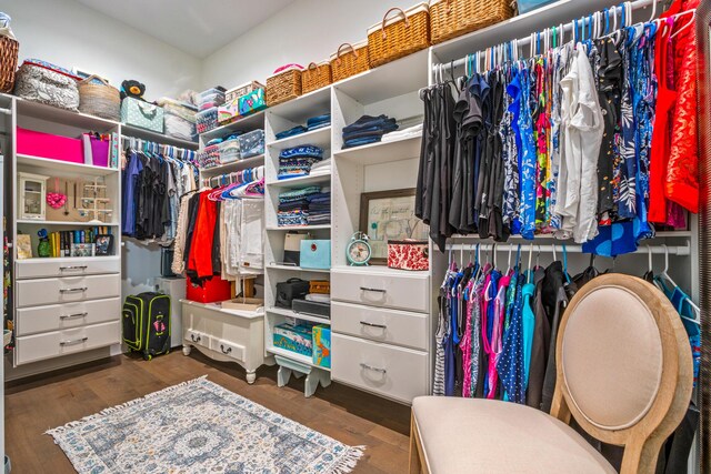 walk in closet with dark wood-type flooring