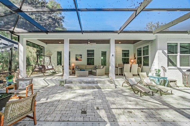 exterior space featuring ceiling fan